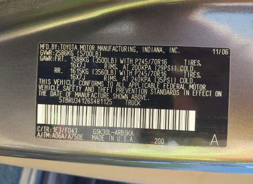 Photo 9 of 2006 Toyota Tundra SR5 (VIN 5TBRU34126S481125)