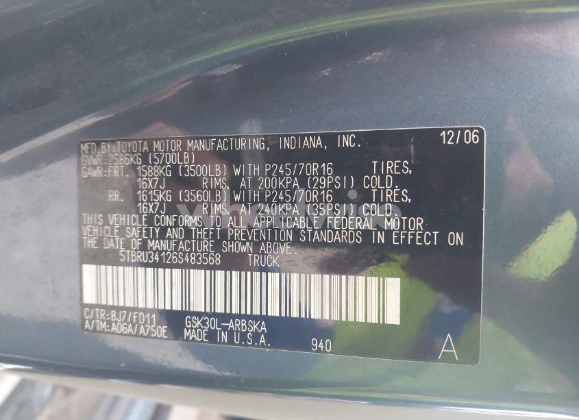 Photo 9 of 2006 Toyota Tundra SR5 (VIN 5TBRU34126S483568)