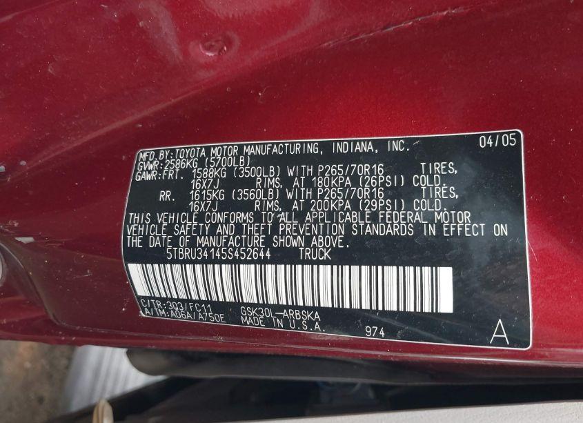 Photo 9 of 2005 Toyota Tundra SR5 (VIN 5TBRU34145S452644)