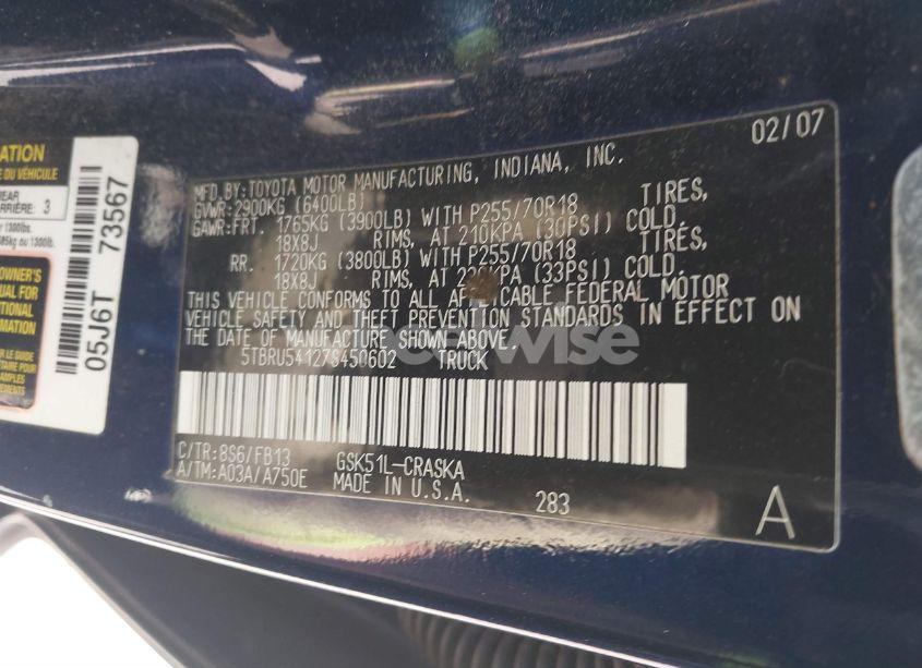 Photo 9 of 2007 Toyota Tundra SR5 V6 (VIN 5TBRU54127S450602)