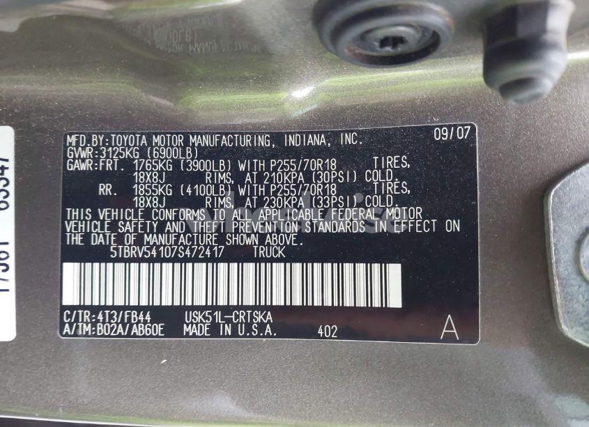 Photo 9 of 2007 Toyota Tundra SR5 V8 (VIN 5TBRV54107S472417)