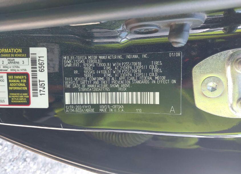 Photo 9 of 2008 Toyota Tundra SR5 5.7L V8 (VIN 5TBRV54128S477765)