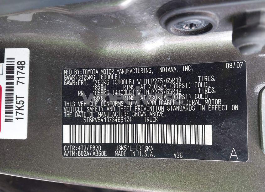 Photo 9 of 2007 Toyota Tundra SR5 V8 (VIN 5TBRV54137S469124)