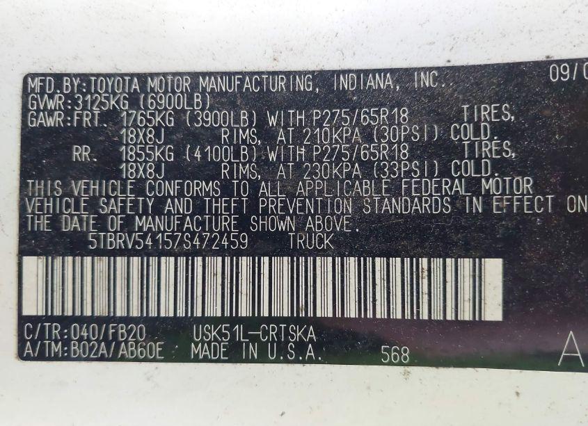 Photo 9 of 2007 Toyota Tundra SR5 V8 (VIN 5TBRV54157S472459)