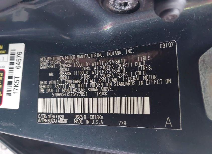 Photo 9 of 2007 Toyota Tundra SR5 V8 (VIN 5TBRV54157S472851)