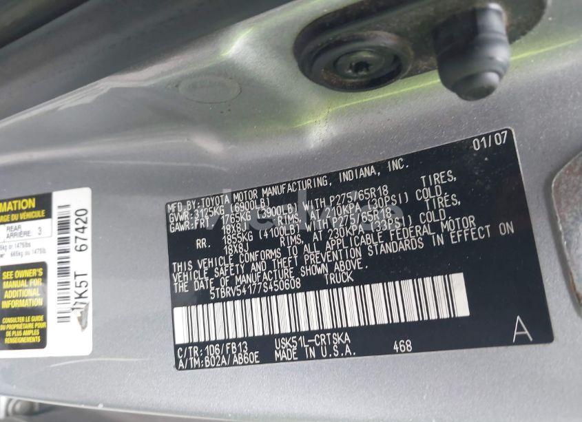 Photo 9 of 2007 Toyota Tundra SR5 V8 (VIN 5TBRV54177S450608)