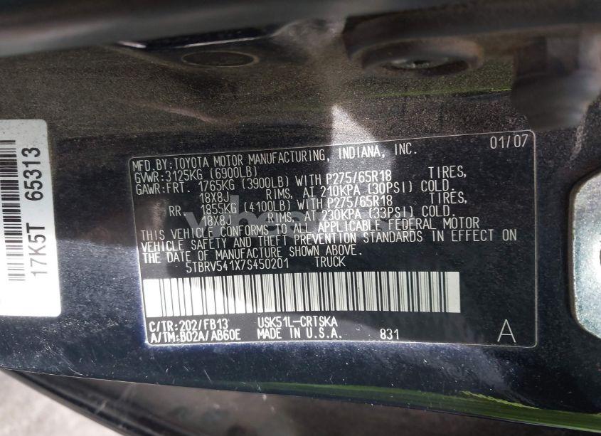 Photo 9 of 2007 Toyota Tundra SR5 V8 (VIN 5TBRV541X7S450201)