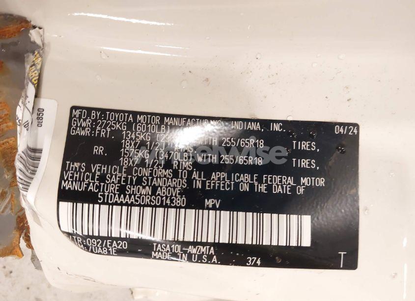 Photo 9 of 2024 Toyota Grand HIGHLANDER XLE (VIN 5TDAAAA50RS014380)