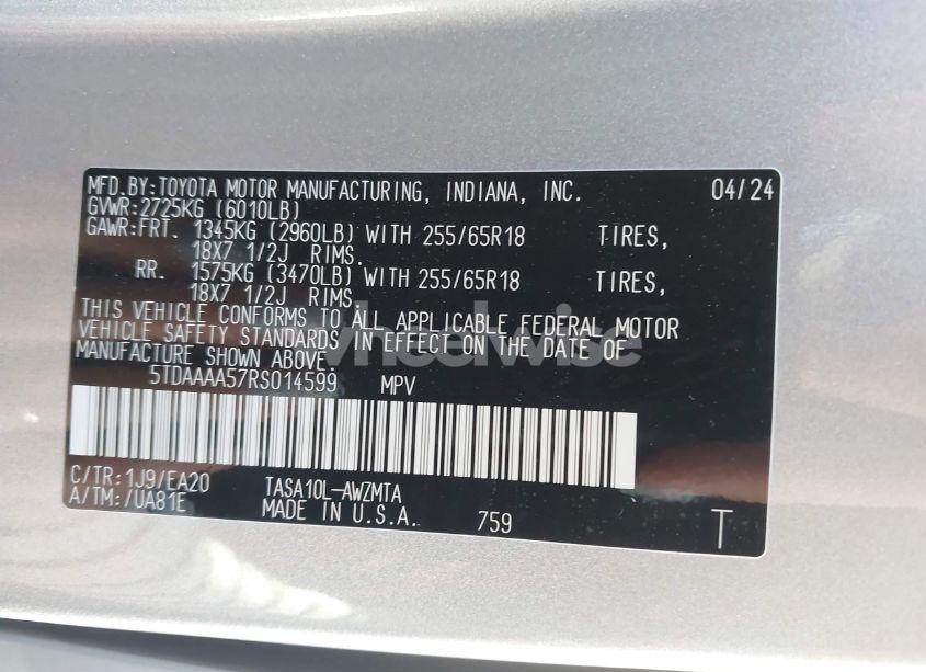 Photo 9 of 2024 Toyota Grand HIGHLANDER XLE (VIN 5TDAAAA57RS014599)