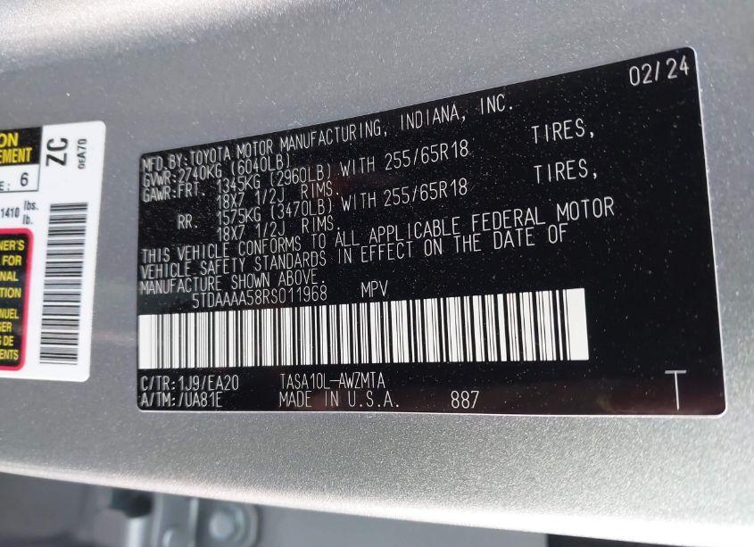 Photo 9 of 2024 Toyota Grand HIGHLANDER XLE (VIN 5TDAAAA58RS011968)