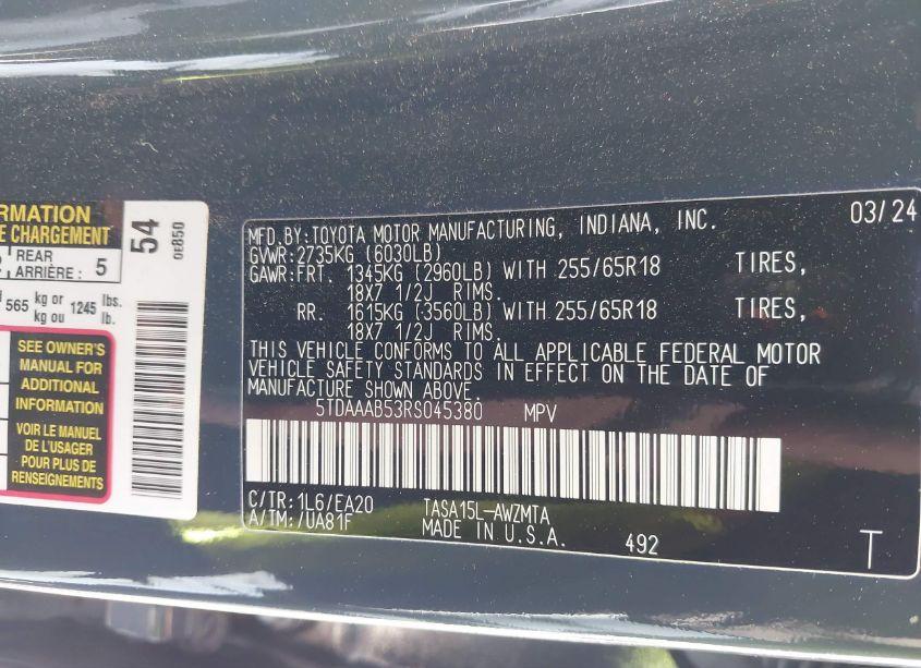 Photo 9 of 2024 Toyota Grand HIGHLANDER XLE (VIN 5TDAAAB53RS045380)