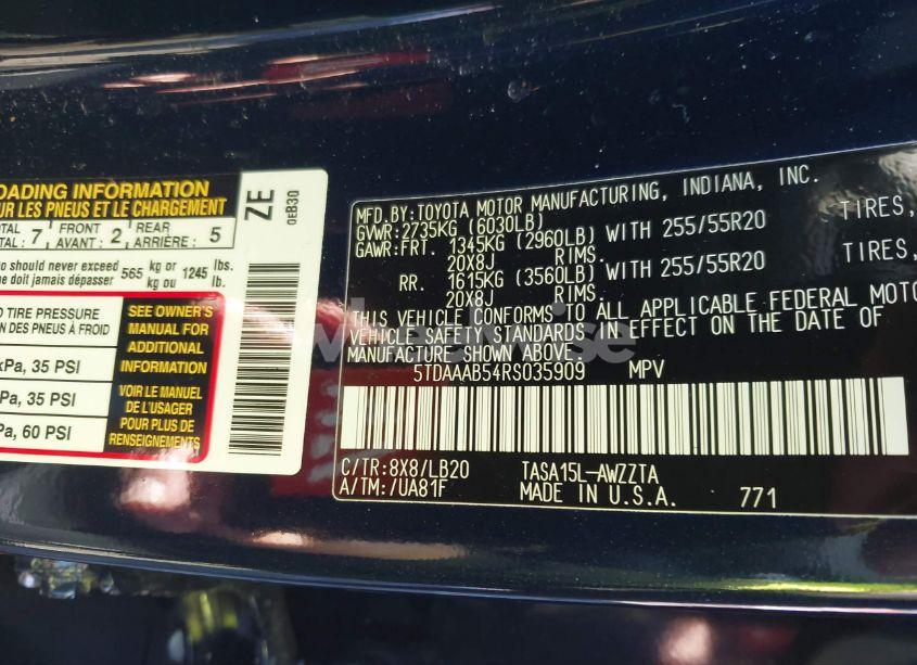 Photo 9 of 2024 Toyota Grand HIGHLANDER PLATINUM (VIN 5TDAAAB54RS035909)