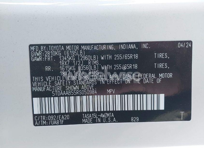 Photo 9 of 2024 Toyota Grand HIGHLANDER XLE (VIN 5TDAAAB55RS050984)