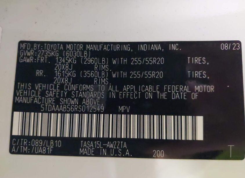 Photo 9 of 2024 Toyota Grand HIGHLANDER PLATINUM (VIN 5TDAAAB56RS012549)