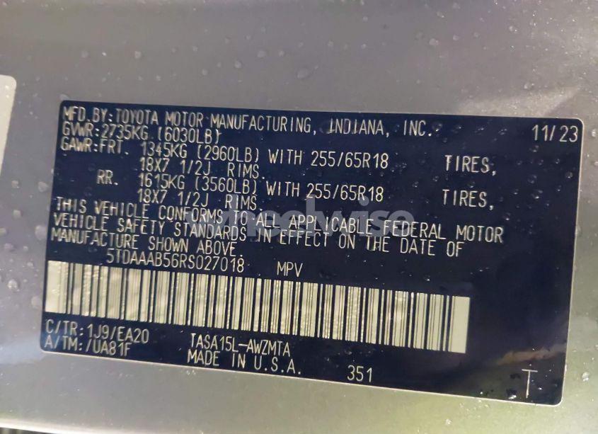 Photo 9 of 2024 Toyota Grand HIGHLANDER XLE (VIN 5TDAAAB56RS027018)