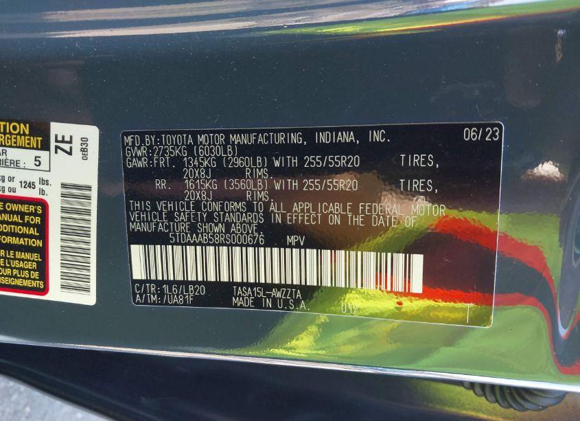 Photo 9 of 2024 Toyota Grand HIGHLANDER PLATINUM (VIN 5TDAAAB58RS000676)