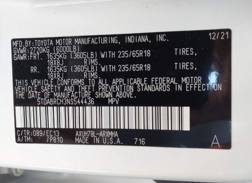 Photo 9 of 2022 Toyota Highlander HYBRID XLE BRONZE EDITION (VIN 5TDABRCH3NS544436)