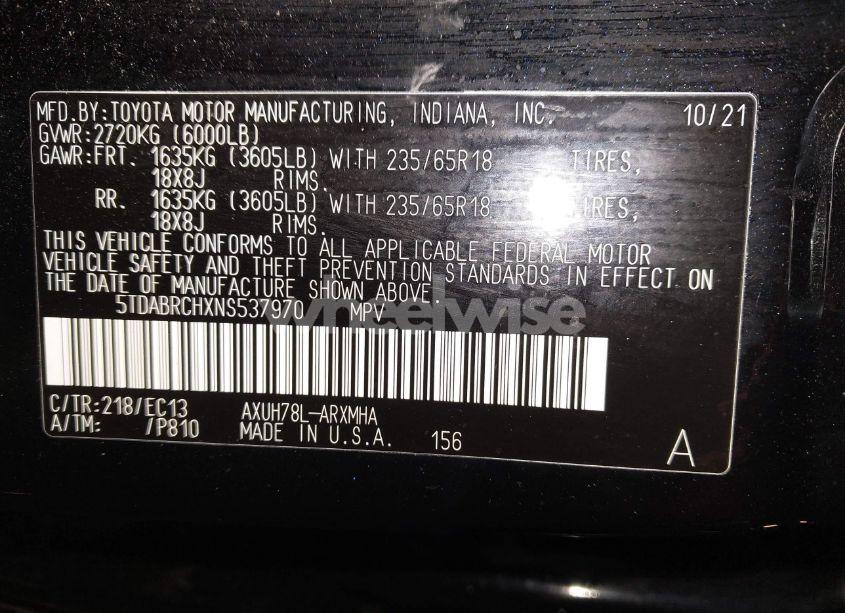 Photo 9 of 2022 Toyota Highlander HYBRID XLE BRONZE EDITION (VIN 5TDABRCHXNS537970)