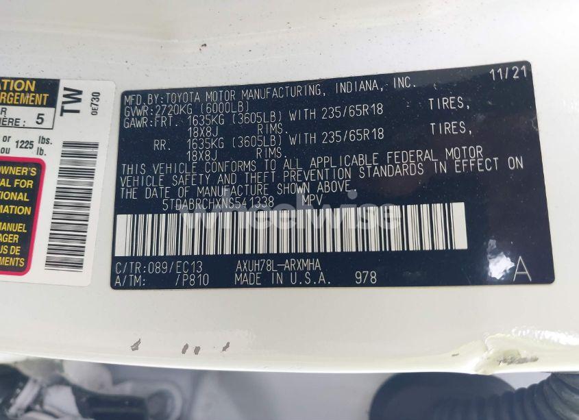 Photo 9 of 2022 Toyota Highlander HYBRID XLE BRONZE EDITION (VIN 5TDABRCHXNS541338)