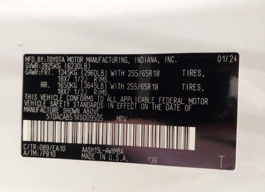 Photo 9 of 2024 Toyota Grand HIGHLANDER HYBRID XLE (VIN 5TDACAB51RS009505)