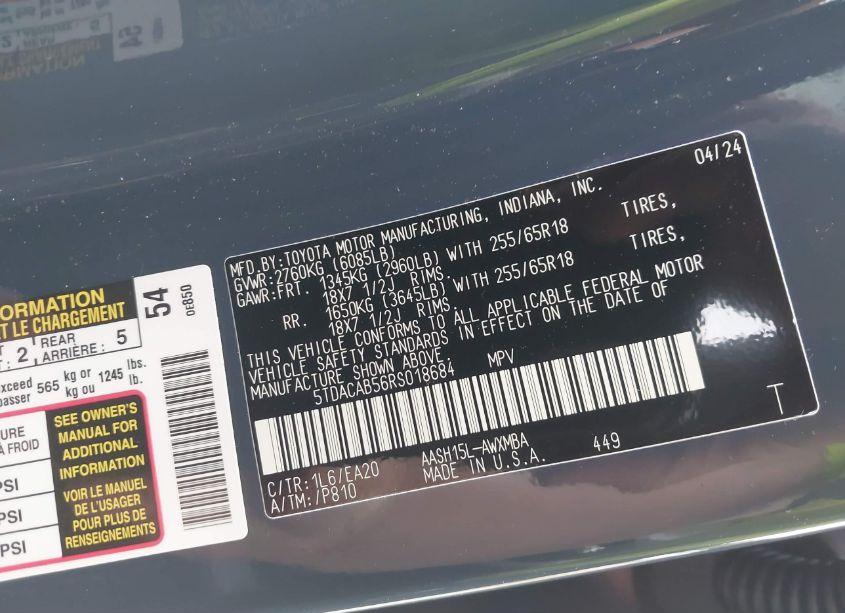 Photo 9 of 2024 Toyota Grand HIGHLANDER HYBRID XLE (VIN 5TDACAB56RS018684)