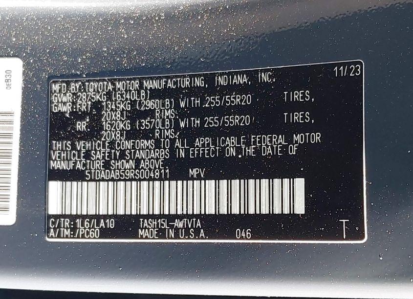 Photo 9 of 2024 Toyota Grand HIGHLANDER HYBRID LIMITED MAX (VIN 5TDADAB59RS004811)