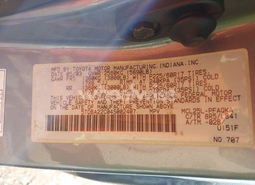 Photo 9 of 2004 Toyota Sienna XLE (VIN 5TDBA22C04S002407)