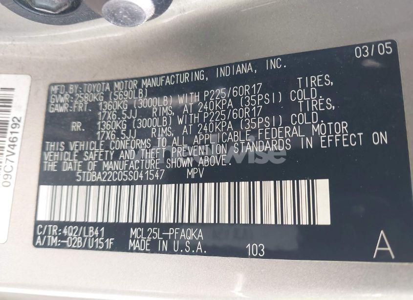 Photo 9 of 2005 Toyota Sienna XLE LIMITED (VIN 5TDBA22C05S041547)