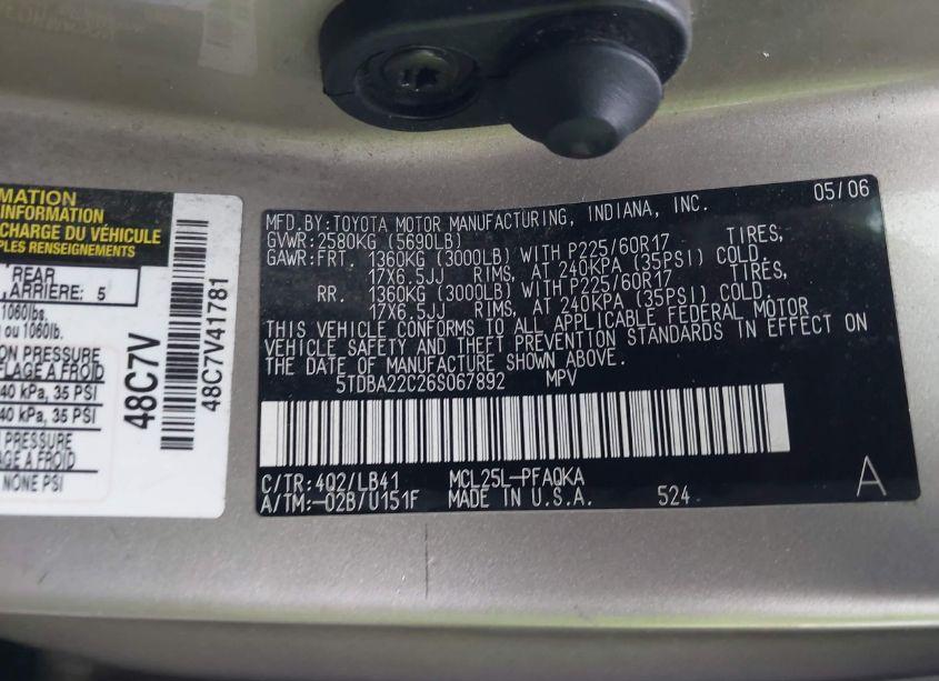Photo 9 of 2006 Toyota Sienna XLE LIMITED (VIN 5TDBA22C26S067892)