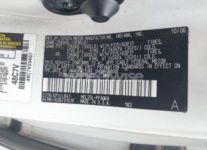 Photo 9 of 2006 Toyota Sienna XLE LIMITED (VIN 5TDBA22C26S075572)