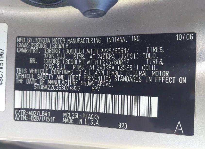 Photo 9 of 2006 Toyota Sienna XLE LIMITED (VIN 5TDBA22C36S074933)