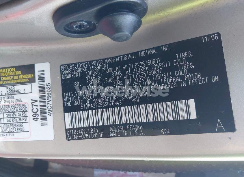 Photo 9 of 2006 Toyota Sienna XLE (VIN 5TDBA22C56S076943)