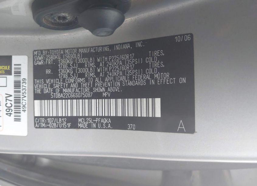 Photo 9 of 2006 Toyota Sienna XLE (VIN 5TDBA22C66S075087)