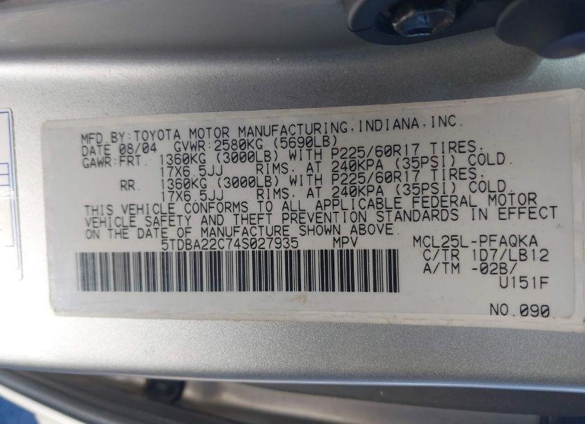 Photo 9 of 2004 Toyota Sienna XLE (VIN 5TDBA22C74S027935)