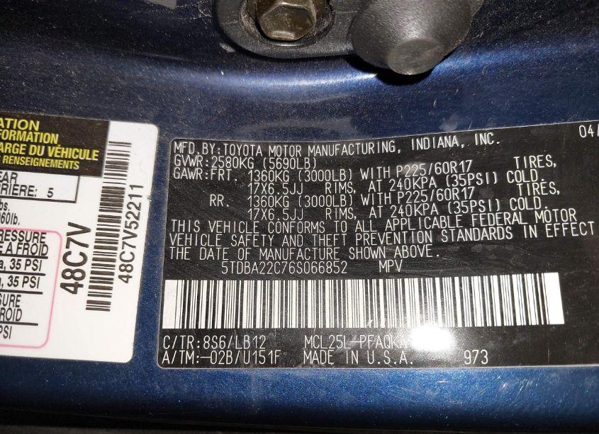 Photo 9 of 2006 Toyota Sienna XLE (VIN 5TDBA22C76S066852)