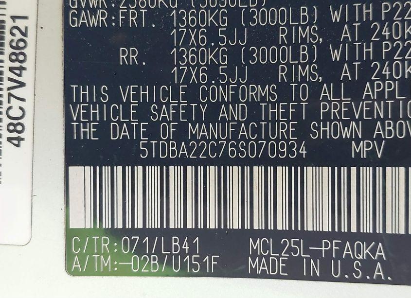 Photo 9 of 2006 Toyota Sienna XLE LIMITED (VIN 5TDBA22C76S070934)