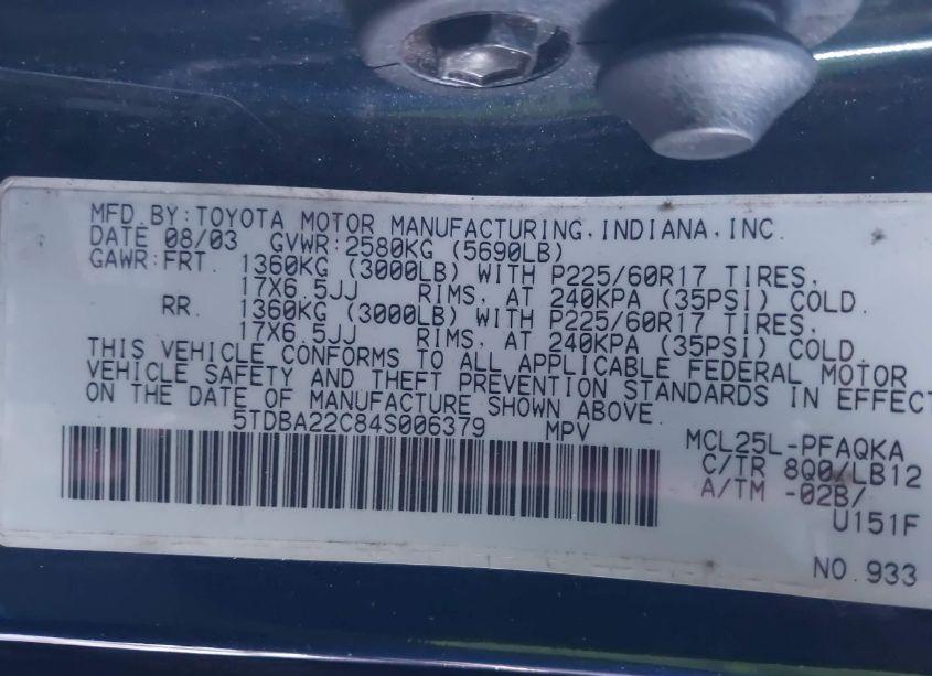 Photo 9 of 2004 Toyota Sienna XLE (VIN 5TDBA22C84S006379)