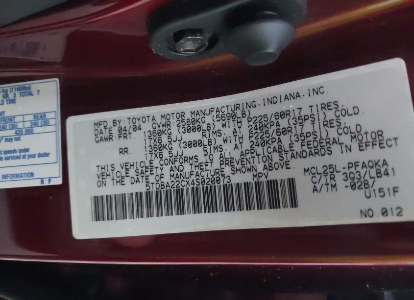 Photo 9 of 2004 Toyota Sienna XLE LIMITED (VIN 5TDBA22CX4S020073)