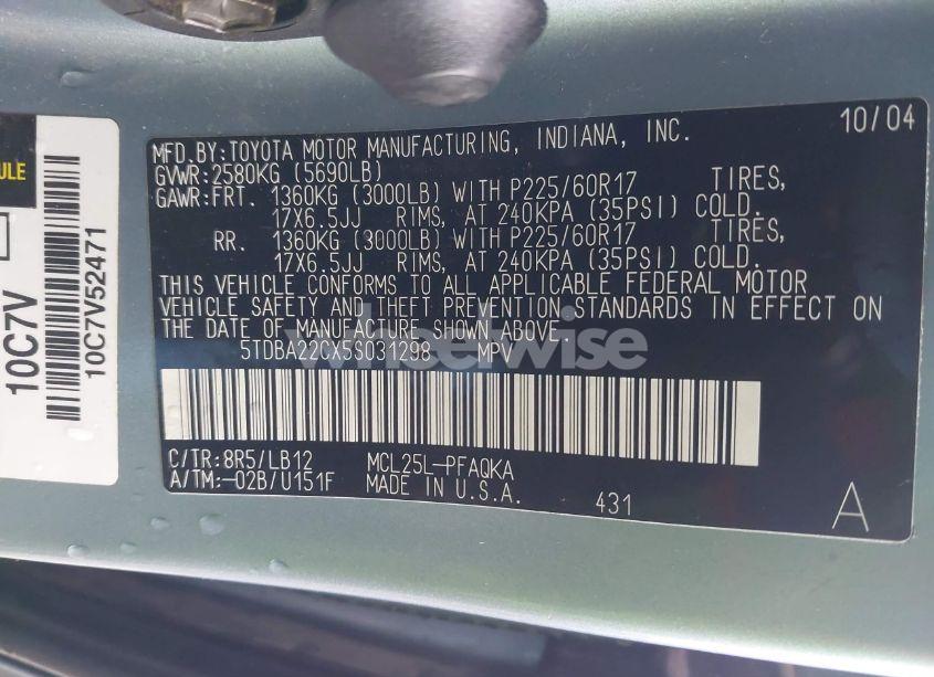 Photo 9 of 2005 Toyota Sienna XLE (VIN 5TDBA22CX5S031298)