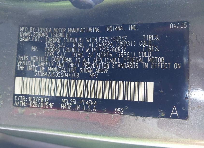 Photo 9 of 2005 Toyota Sienna LE (VIN 5TDBA23C05S044768)