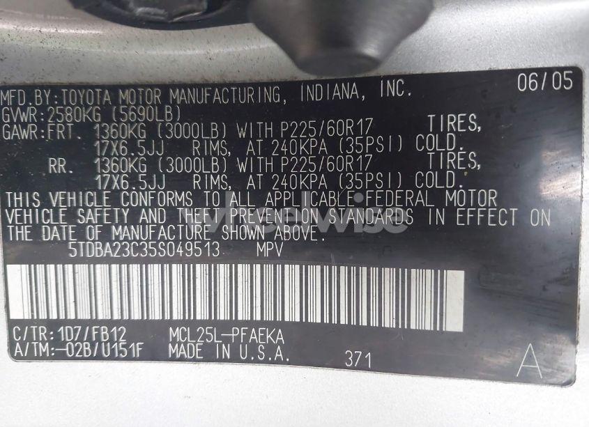 Photo 9 of 2005 Toyota Sienna LE (VIN 5TDBA23C35S049513)