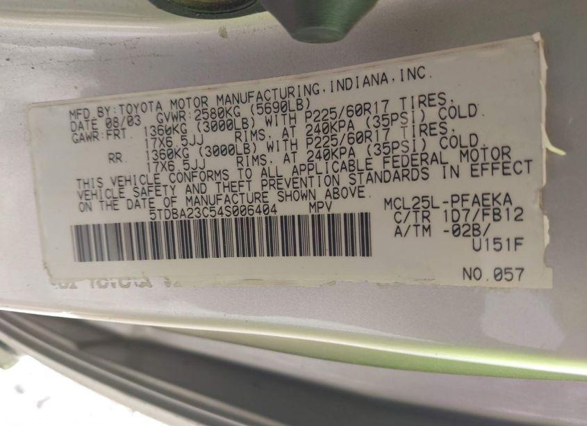 Photo 9 of 2004 Toyota Sienna LE (VIN 5TDBA23C54S006404)