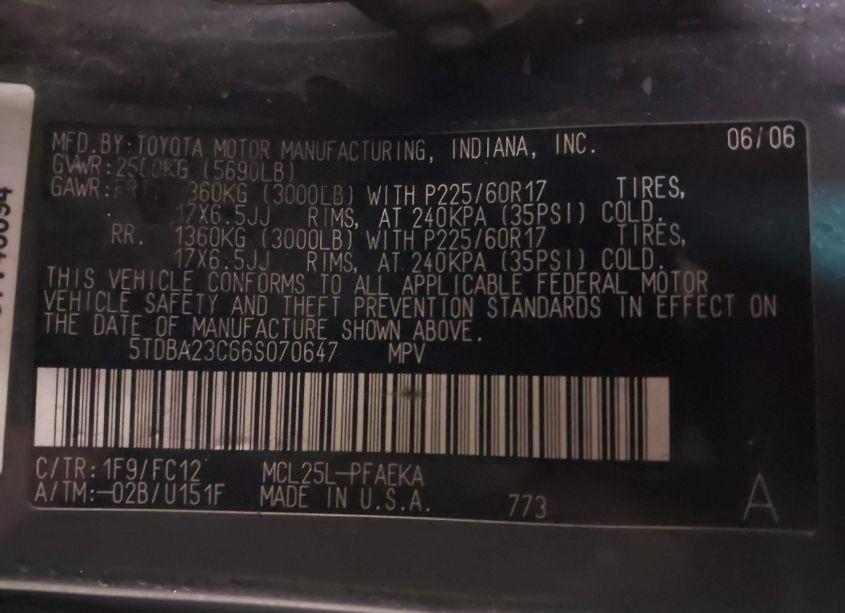 Photo 9 of 2006 Toyota Sienna LE (VIN 5TDBA23C66S070647)