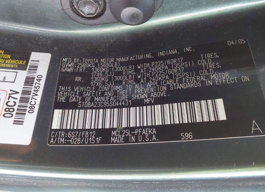 Photo 9 of 2005 Toyota Sienna LE (VIN 5TDBA23C95S044431)