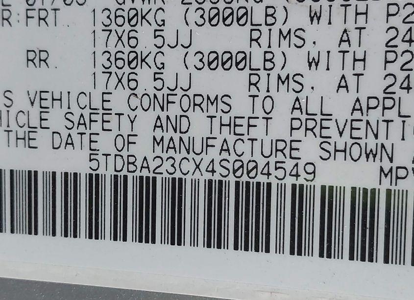 Photo 9 of 2004 Toyota Sienna LE (VIN 5TDBA23CX4S004549)