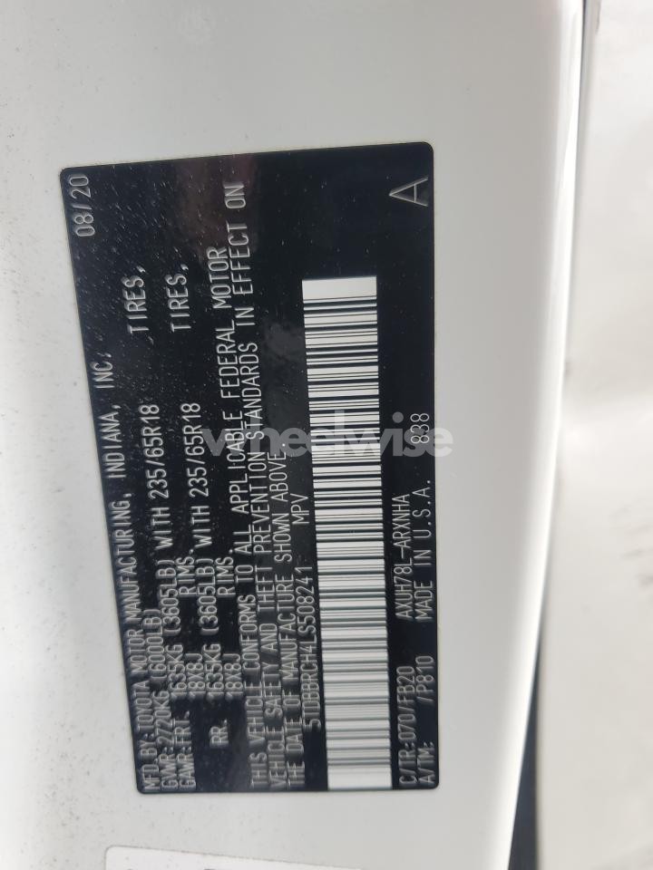 Photo 14 of 2020 TOYOTA HIGHLANDER HYBRID LE (VIN 5TDBBRCH4LS508241)