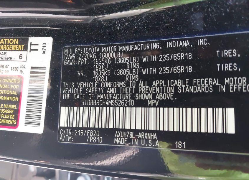 Photo 9 of 2021 Toyota Highlander HYBRID LE (VIN 5TDBBRCH4MS526210)