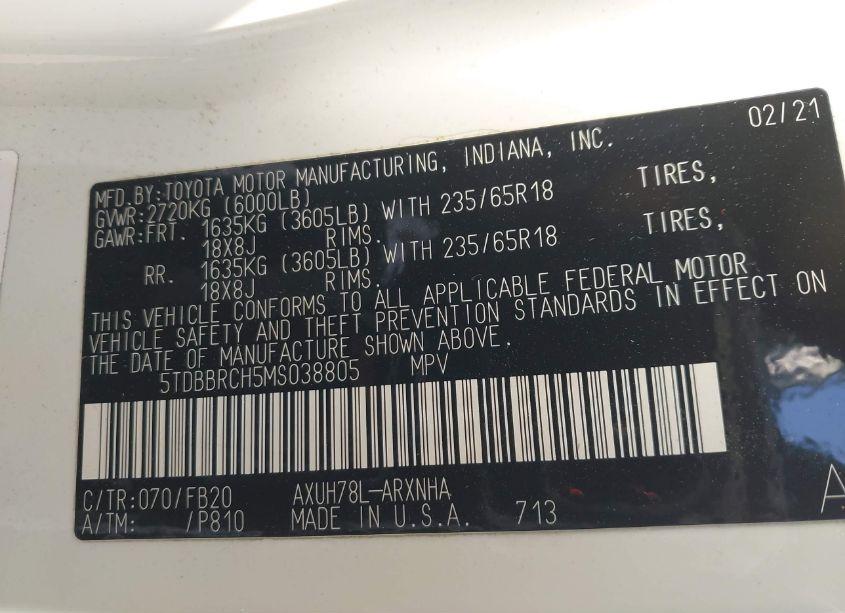 Photo 9 of 2021 Toyota Highlander HYBRID LE (VIN 5TDBBRCH5MS038805)