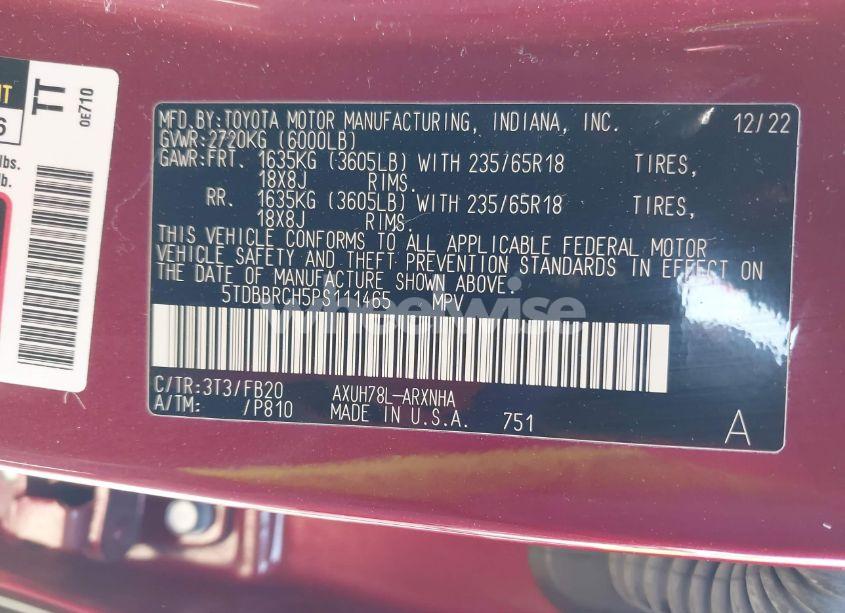 Photo 9 of 2023 Toyota Highlander HYBRID LE (VIN 5TDBBRCH5PS111465)