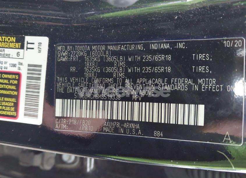 Photo 9 of 2021 Toyota Highlander HYBRID LE (VIN 5TDBBRCH6MS519338)